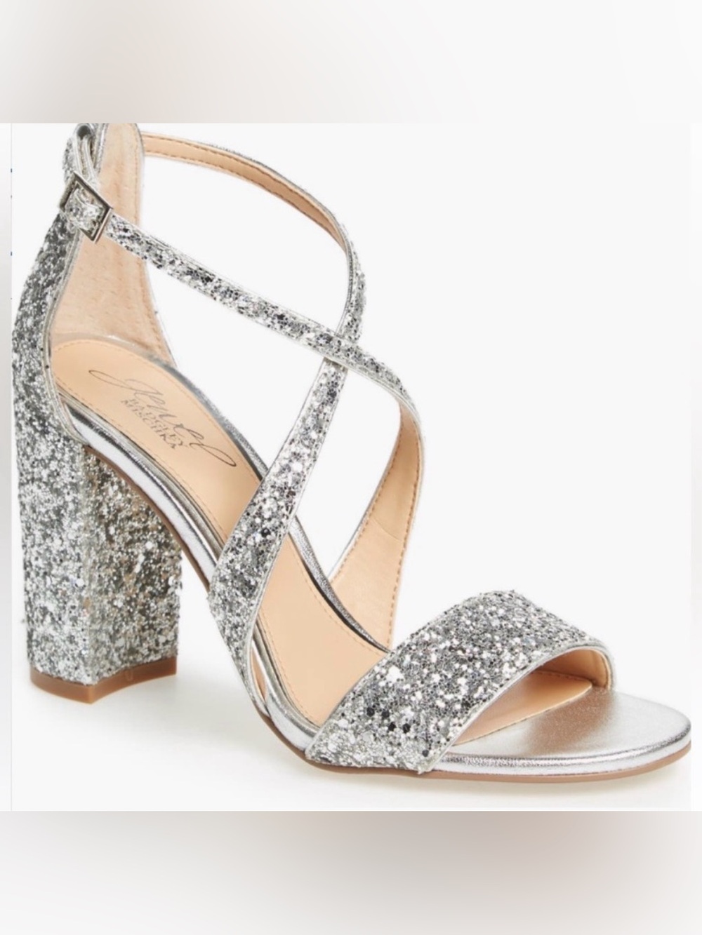Badgley Mischka Silver Glitter Strappy Block Heel Sandals - Women 9